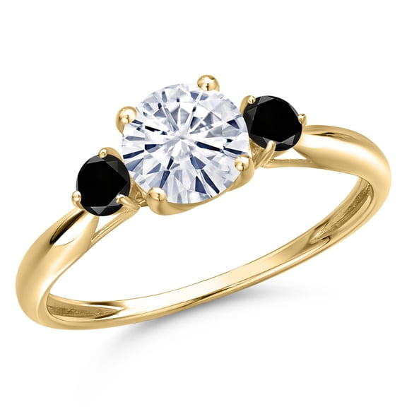 Gem Stone King 10K Yellow Gold White Moissanite and Black Diamond 3-Stone Ring for Women | 1.00 Cttw | Round 6MM | Gemstone Birthstone | Size 8