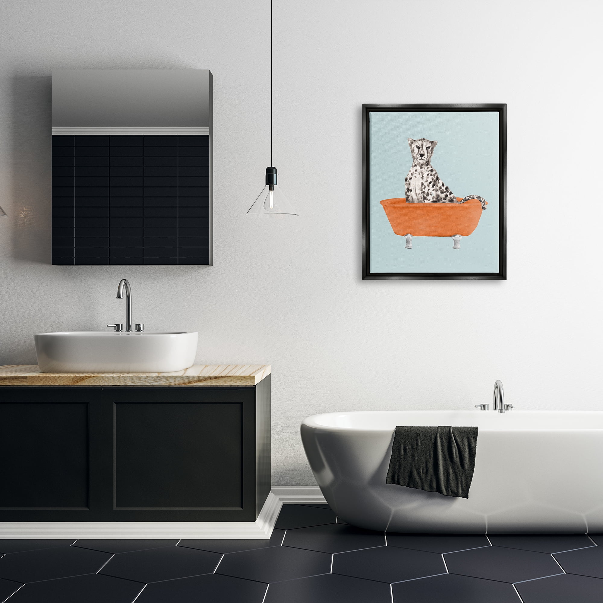 Stupell Industries Turquoise Cheetah in Tub Animals & Insects Painting Black Floater Framed Art Print Wall Art, 25 x 31