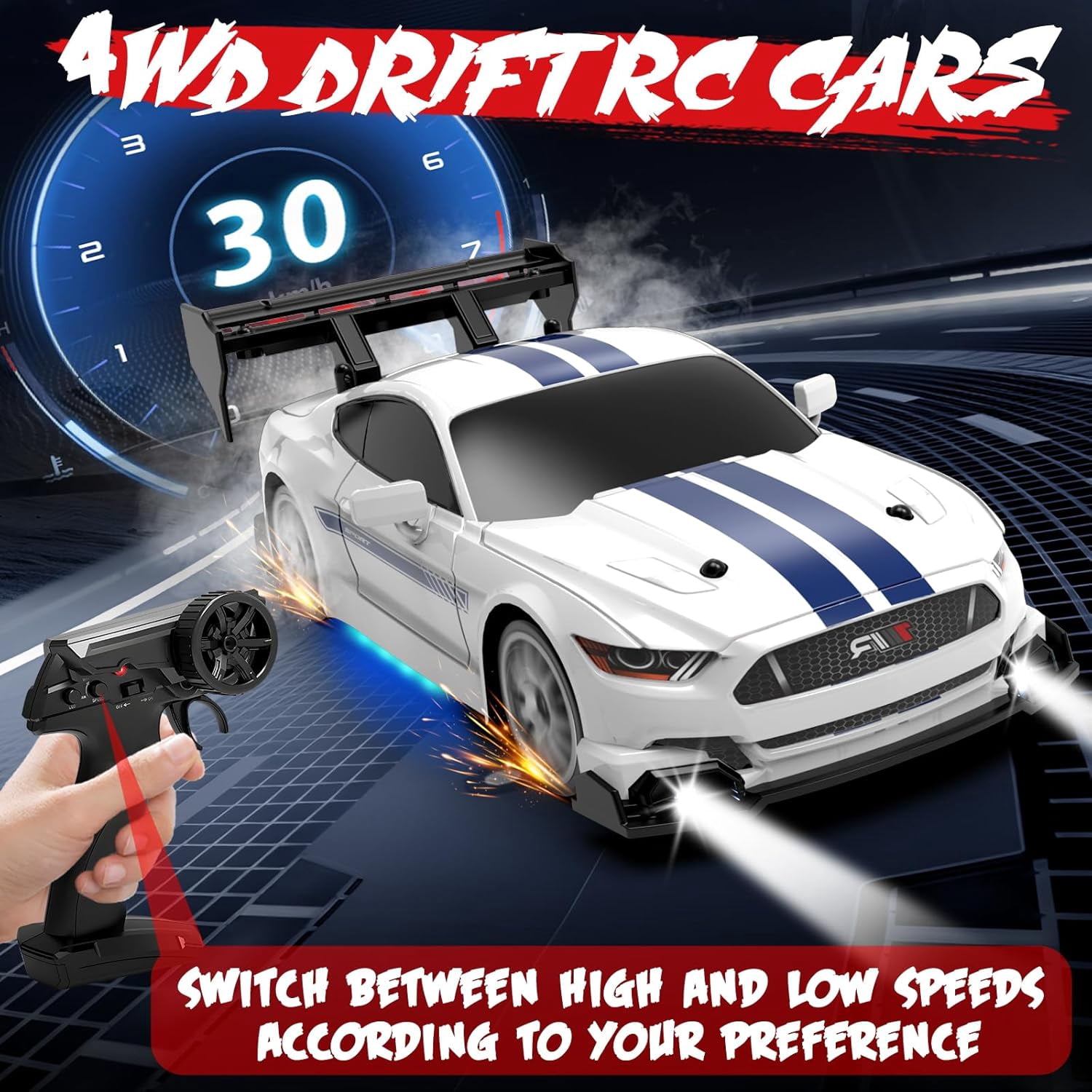 AIGIA 1:24 Scale RC Drift Car 30KM/H 4WD 2.4GHz Remote Control Cars with LED Light High Speed RC Racing Cars Toy Gift