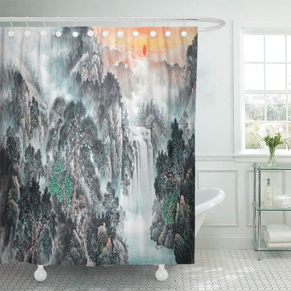 Waterproof Fabric Chinese Ink Painting Landscape Shower Curtain for Bathroom