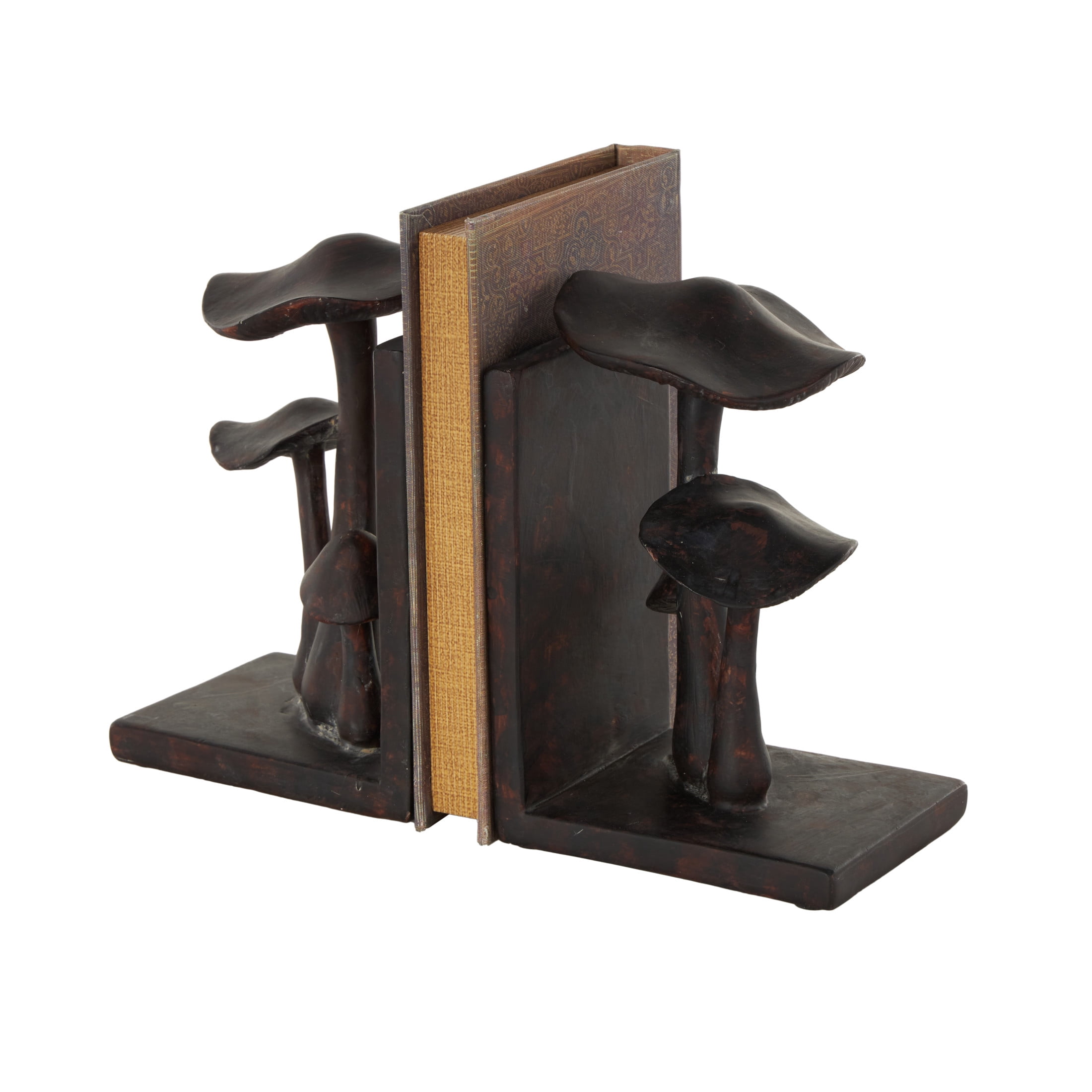 DecMode 5" Mushroom Dark Brown Polyresin Bookends with Copper Shadings (Set of 2)