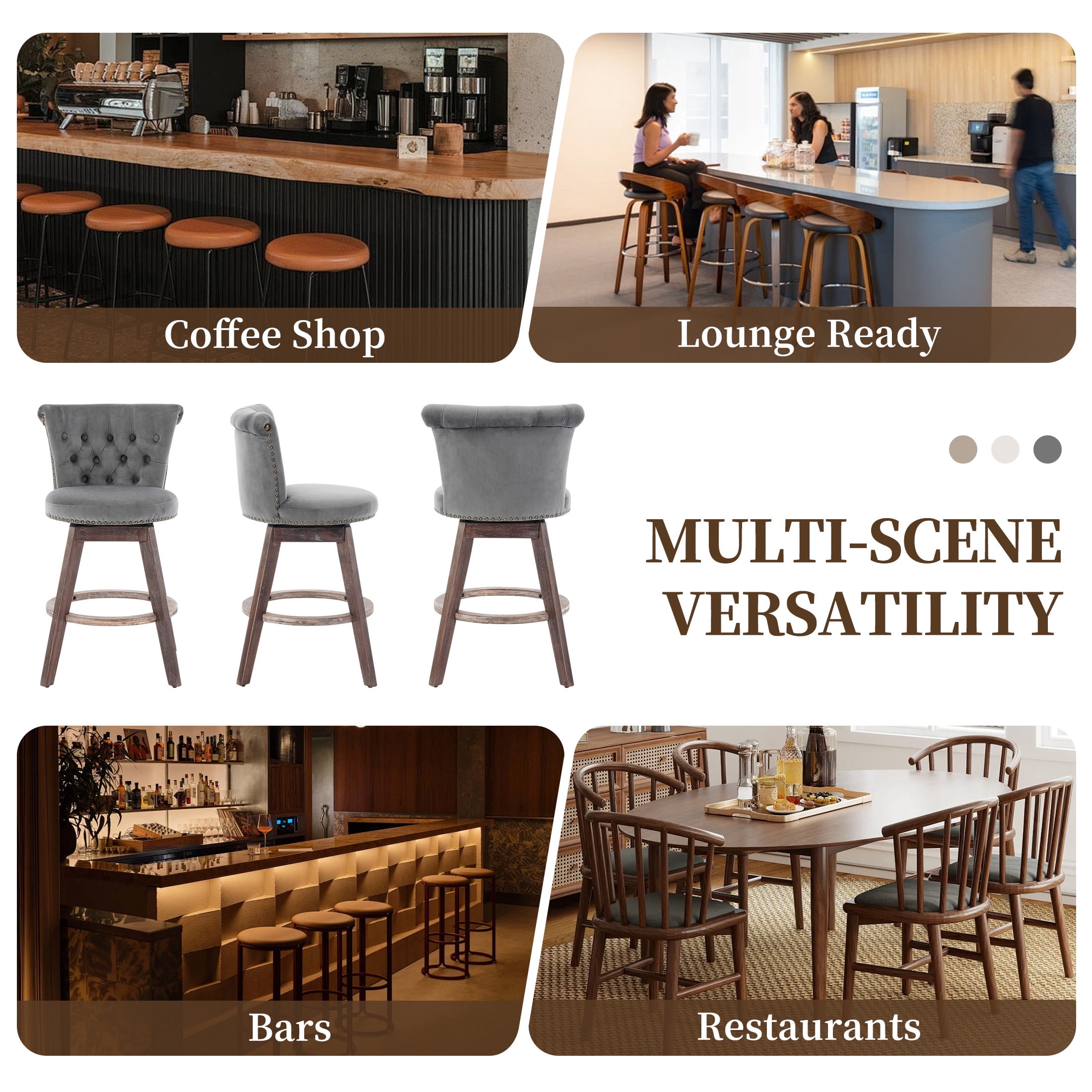 PAPROOS Bar Stools Set of 2, 26" Swivel Counter Height Bar Stools with Back, Upholstered Velvet Kitchen Island Counter Height Chair with Button Tufted Back, Nailhead Trim and Wood Legs, Grey