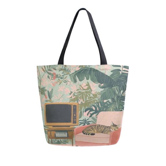 FORMRS Womens Canvas Tote Bag with Zipper Inner Pocket Shoulder Handbag, Pink and Green Cat