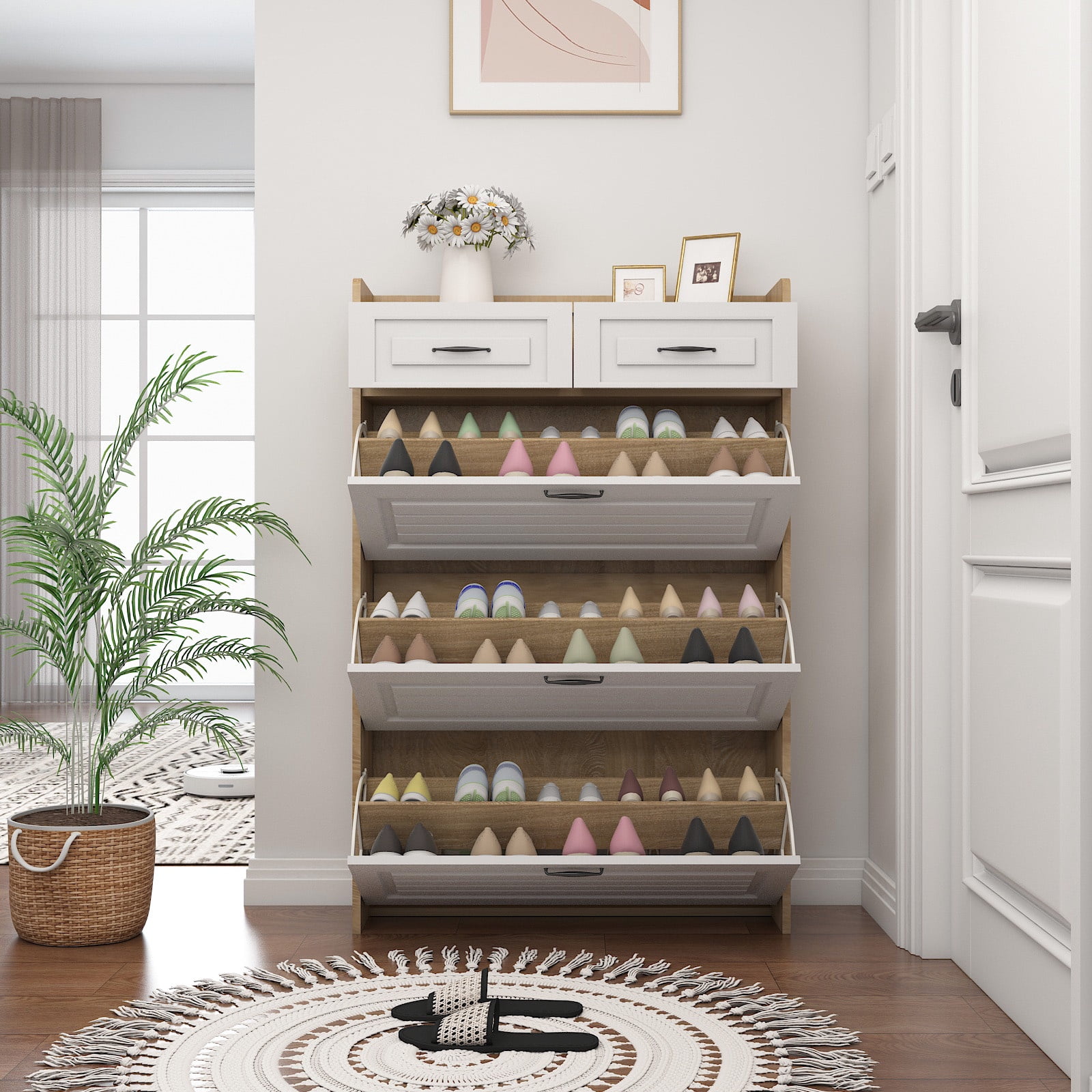 PORKISS Shoe Cabinet, Wooden Entryway Cabinet with Doors and Drawers, 49.2'' Shoe Storage with Large Space, Freestanding Shoe Rack for Home, White/Oak