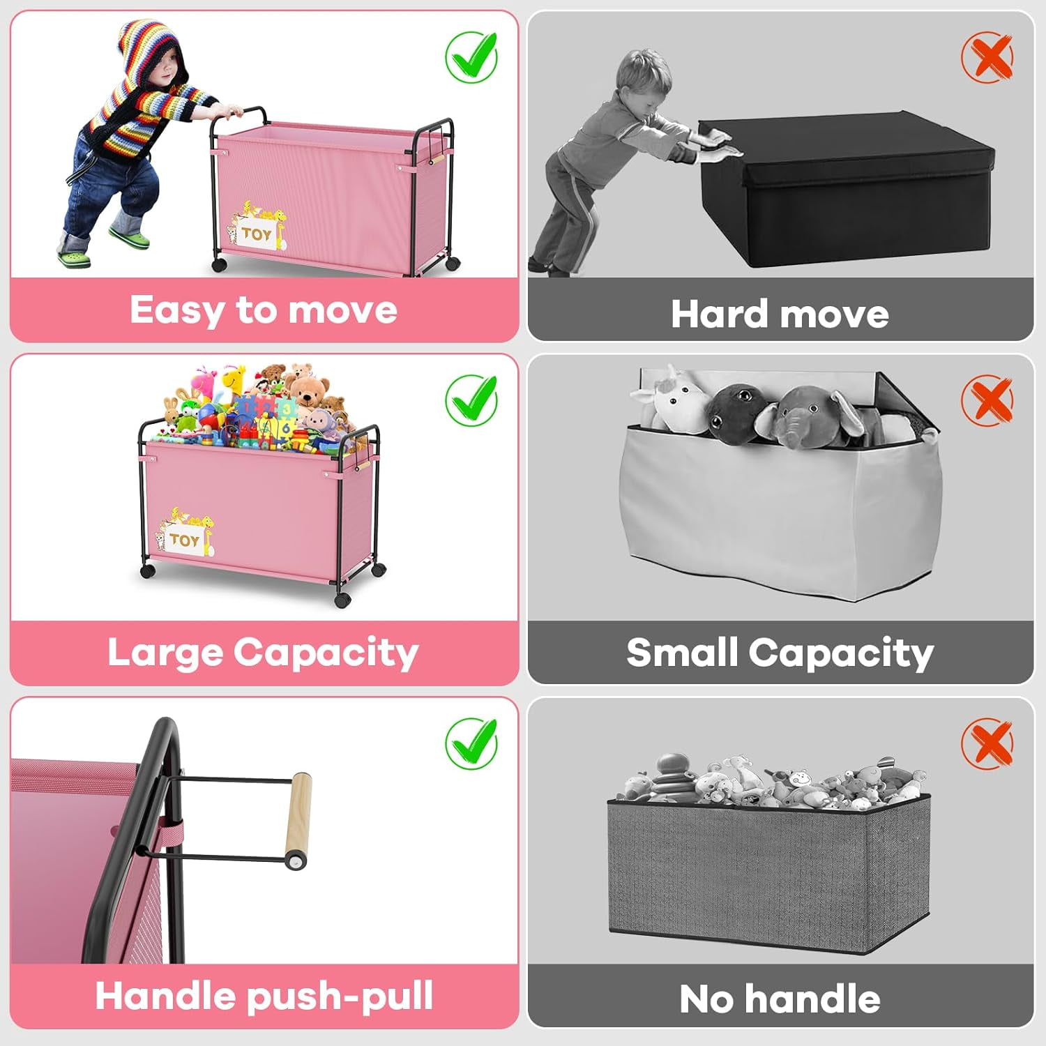 Toy Box Storage, 180L Extra Large Toy Chest with 360° Wheels, Oxford Cloth Metal Toy Box for Boys, Girls, Stuffed Animals, Clothes, Bedroom, Living Room (Pink)