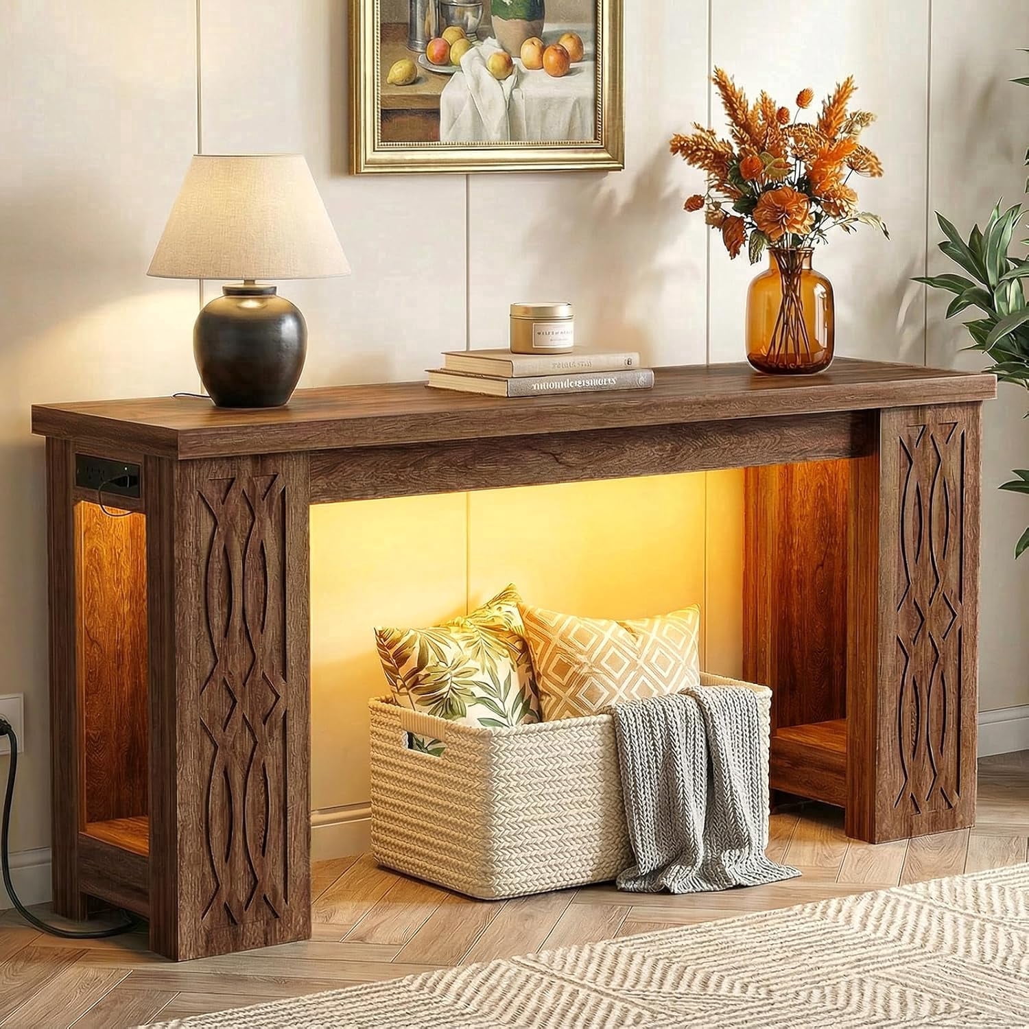 Homieasy 63'' Farmhouse Console Table with Charging Station and LED Lights for Hallway, Entryway, Living Room, Cracked Oak