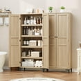 thumbnail image 6 of Tall Storage Cabinet with Glass Doors, 63" Height, Adjustable Shelf, Light Oak Wood, Multi-Purpose Organizer for Kitchen Pantry and Bathroom, 6 of 8