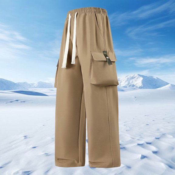 Yaoyar Summer Men's Breezy Casual Pants Solid Color with Drawstring Elastic Waist Airy Fabric for Hot Climate Long Trousers,XXL,Khaki