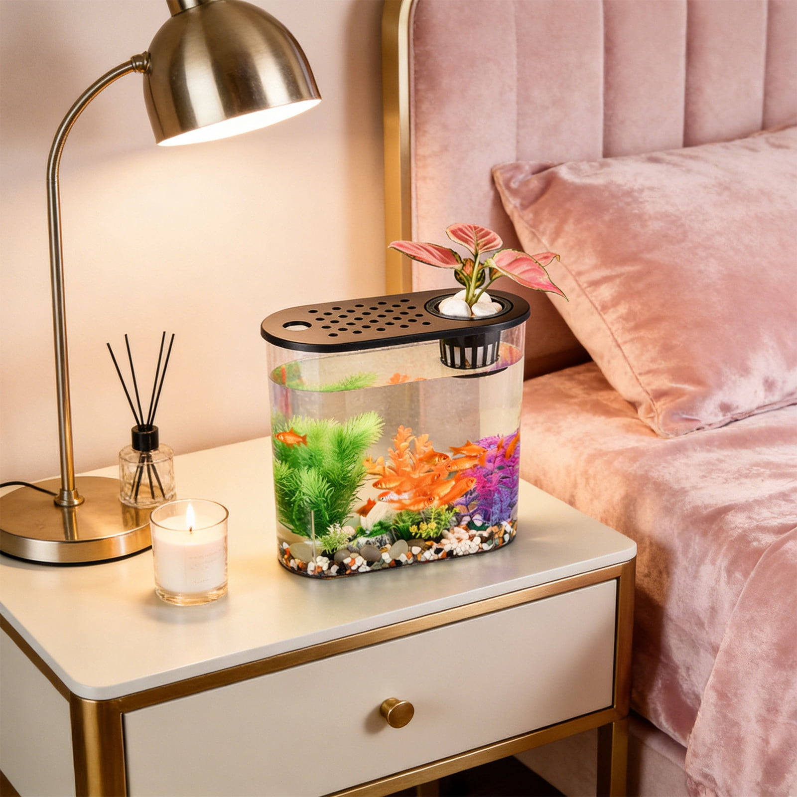 Goldfish Bowl Fish Tank Plastic Desktop Aquarium, Clear Betta Fish Tank with Plant Holder for Home Office Tabletop Living Room Bedroom Decor