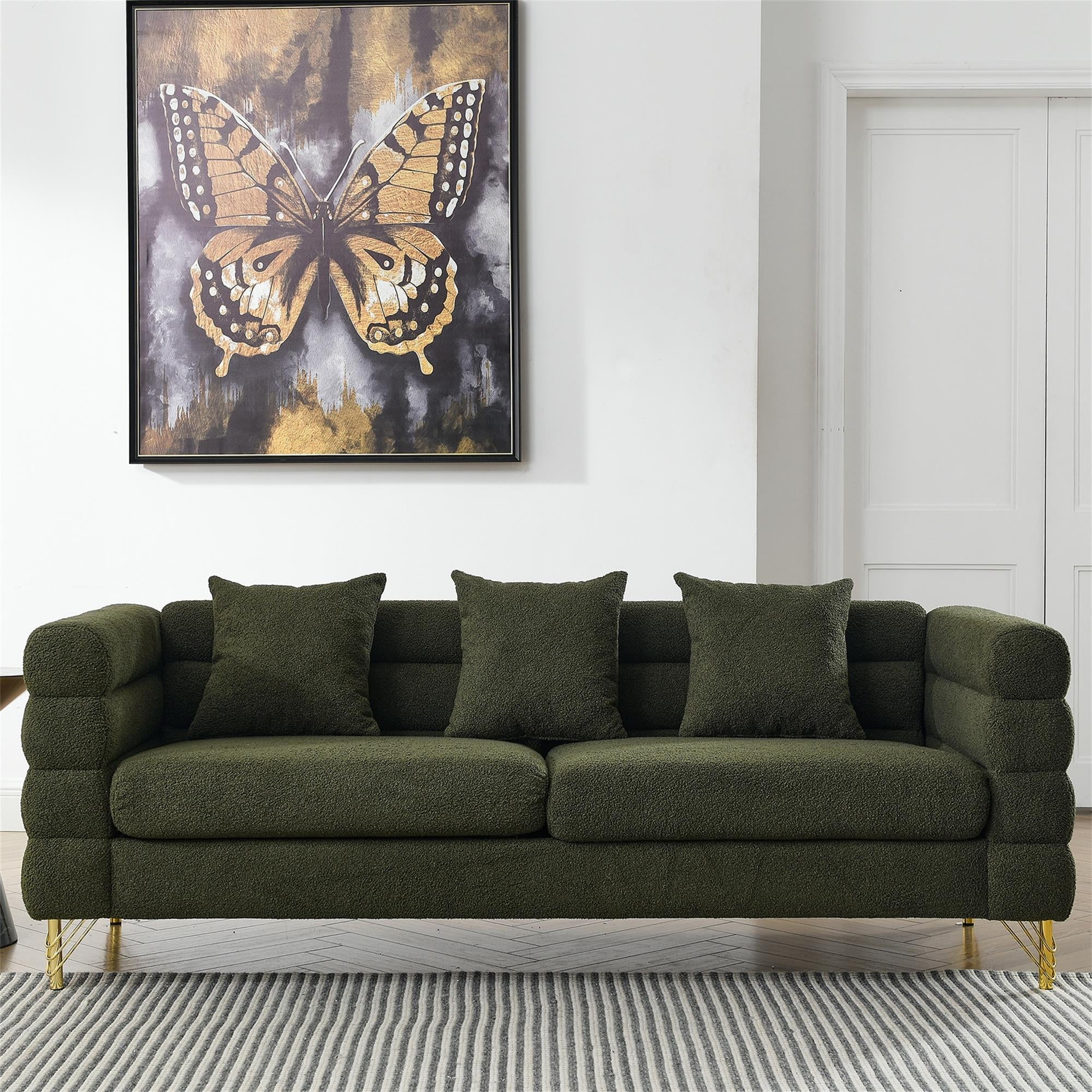 Kadyn 81" Loveseat 3 Seater Sectional Sofa, Fabric Sofa with 3 Pillows, Upholstered Sofa Couch for Living Room, Green