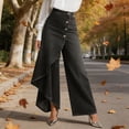 thumbnail image 4 of Oplxuo Women's High Waisted Wide Leg Wrap Skirted Jeans Button Front Asymmetrical Denim Pants Side Split Slit Casual Trousers, 4 of 6