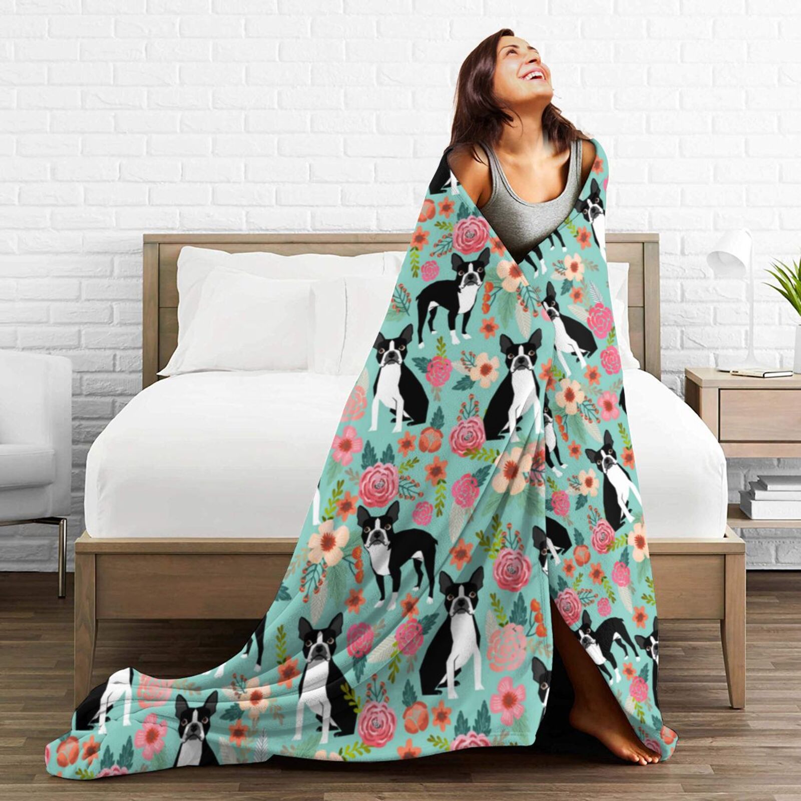 Boston Terrier Dogs Lovers Flower Floral Blanket Gifts For Kids Adults - Lightweight Throw Blanket For Bedroom Living Room Decor Soft Fuzzy Fleece Cozy Plush Bed Couch 80"X60"