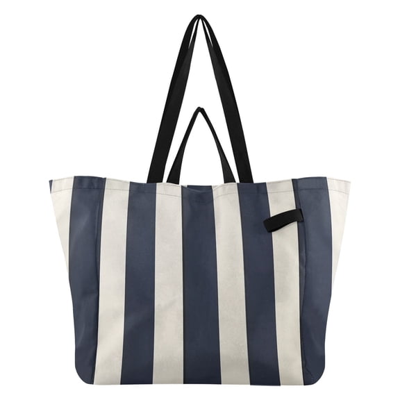Navy Blue Wide Vertical Stripes Foldable Canvas Tote Bags Reusable Grocery Bags Laundry Bags Beach Bag 32L