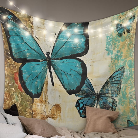 Retro Teal Butterfly Large Tapestry for Bedroom Wall Hanging Tapestry, Summer Butterflies Vintage Ceiling Backdrop Tapestries Poster Blanket Wall Decor for Teens Room Living Room Dorm 86" x 104"