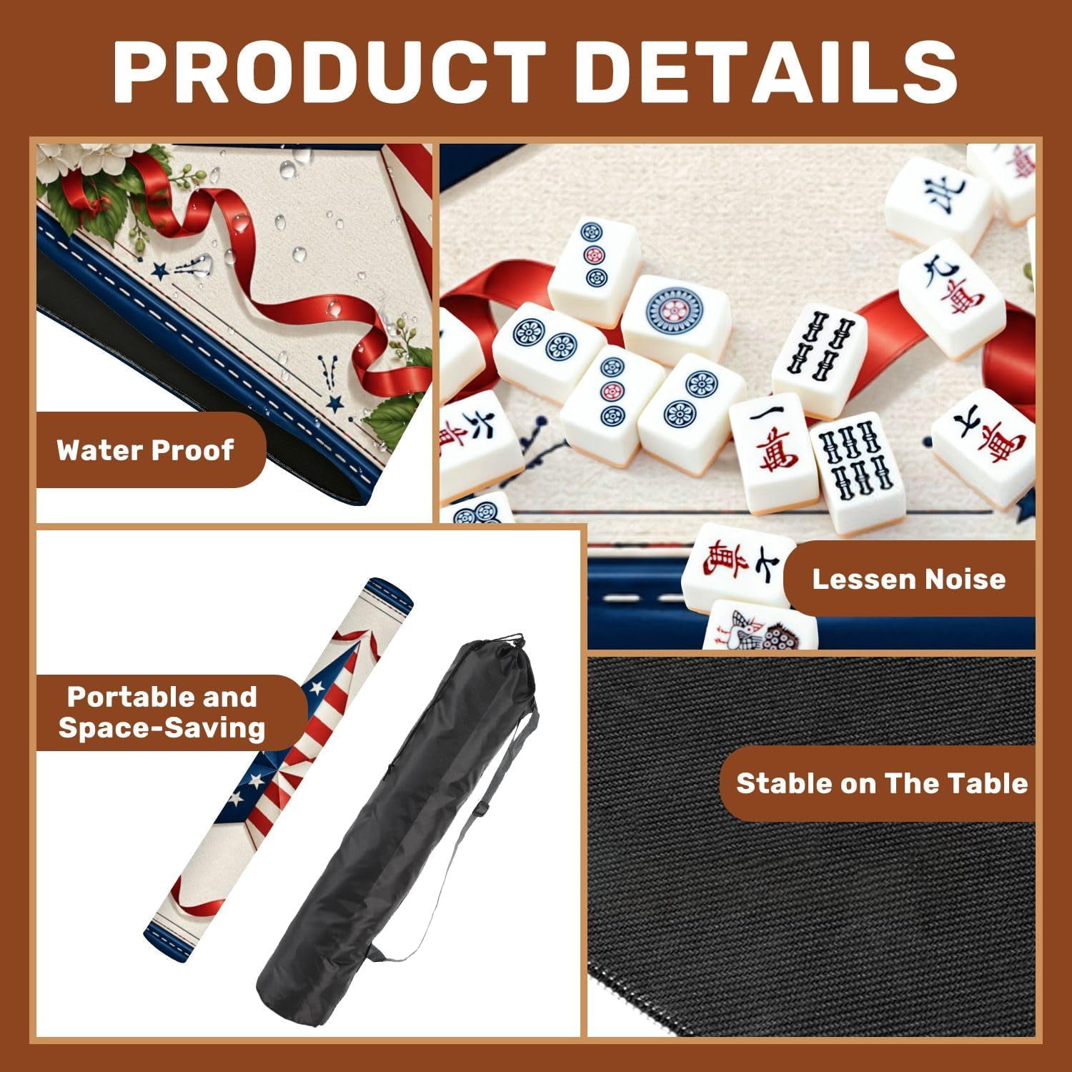 Mahjong Mat with Carrying Bag 31.5" x 31.5" Non-Slip Noise Reduction Patriotic American Flag Star Red Ribbons White Table Mat for Mahjong Board Game Tile Games Independence Day Decorations