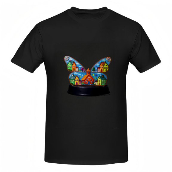 Signetis Unisex Whimsical Butterfly Houses Graphic Tee, Black, Short Sleeve