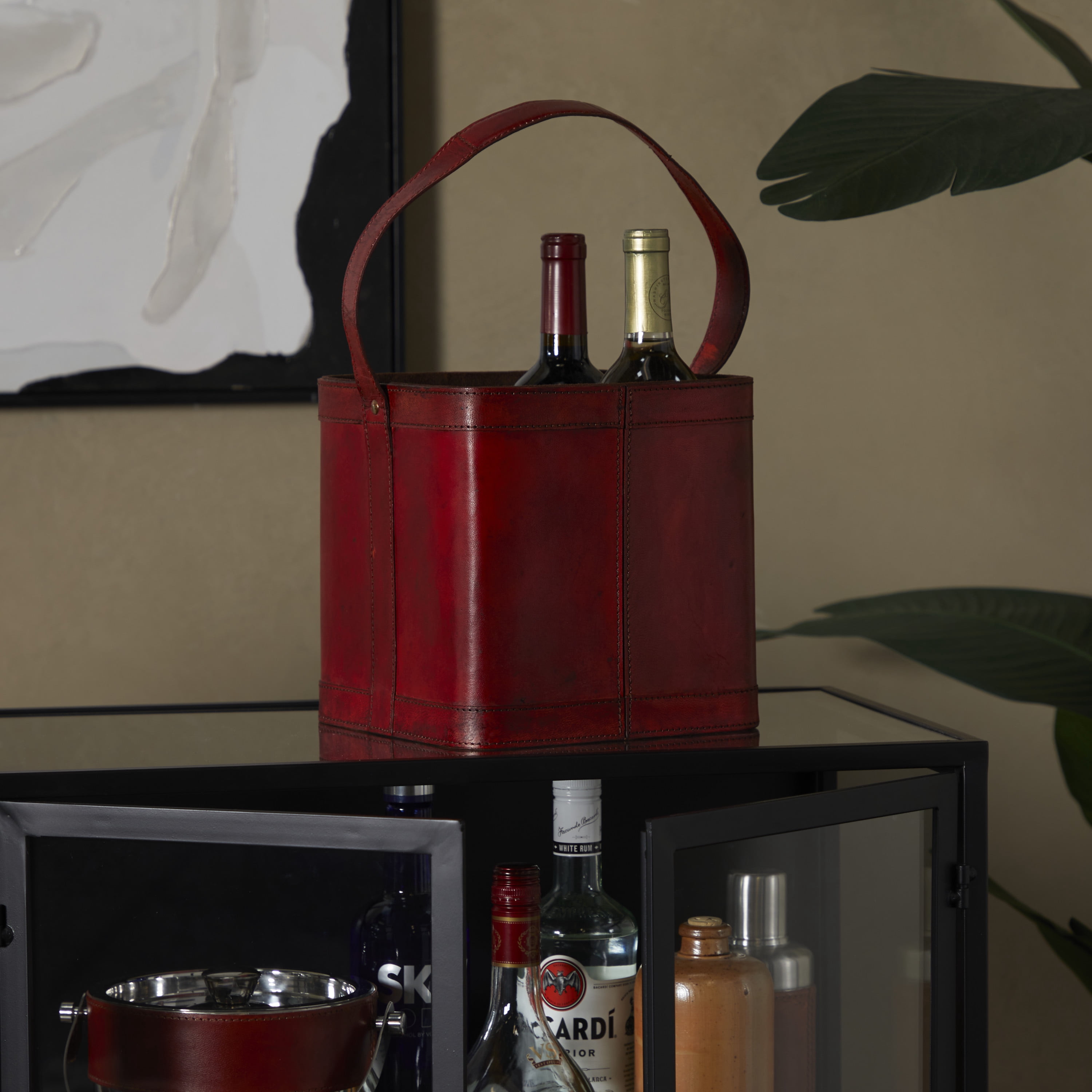 DecMode 9" x 9" Red Leather 4 Bottles Wine Holder with Carrying Handle, 1-Piece