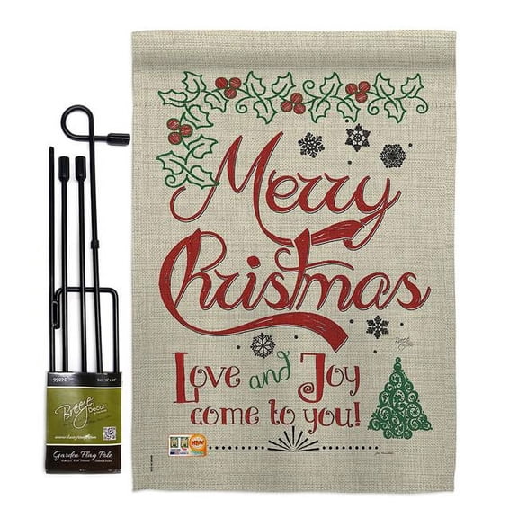 Breeze Decor BD-XM-GS-114167-IP-BO-D-US18-SB 13 x 18.5 in. Love & Joy Linen Winter Christmas Impressions Decorative Vertical Double Sided Garden Flag Set with Banner Pole