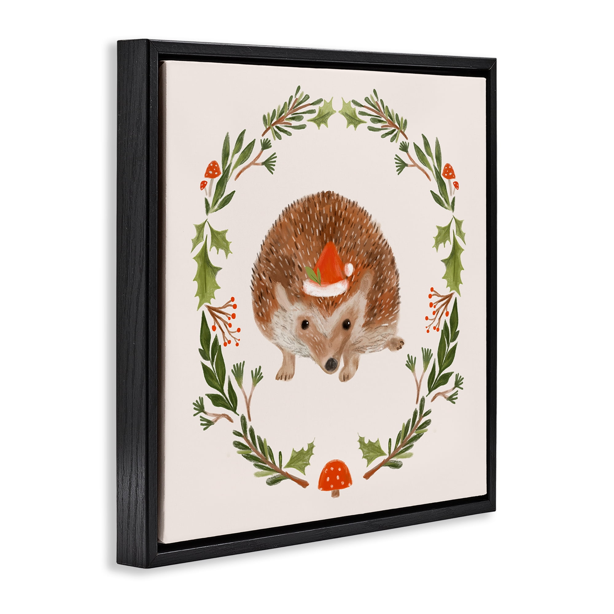 Stupell Industries Holiday Hedgehog Wreaf Holiday Painting Black Floater Framed Canvas Art Prints Wall Art, 25 x 25