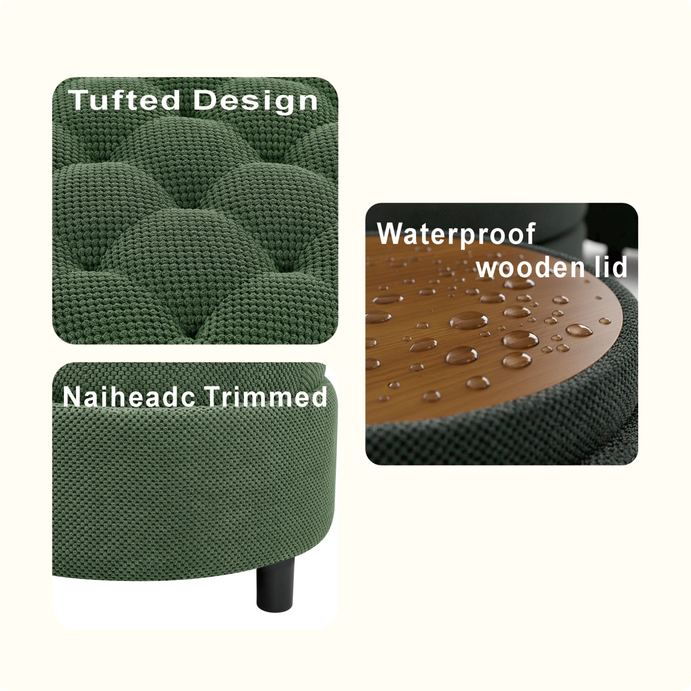 Noble House 25" Round Storage Ottoman with Removable Tray Top, Upholstered Coffee Table, Dark Green