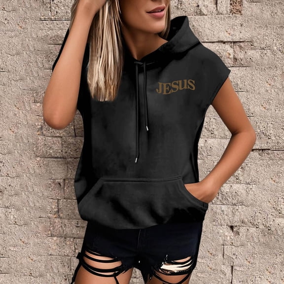 Women Going Out Tank Tops Jesus Letter Print Sleeveless Shirts Summer Hooded Loose Fit Tees