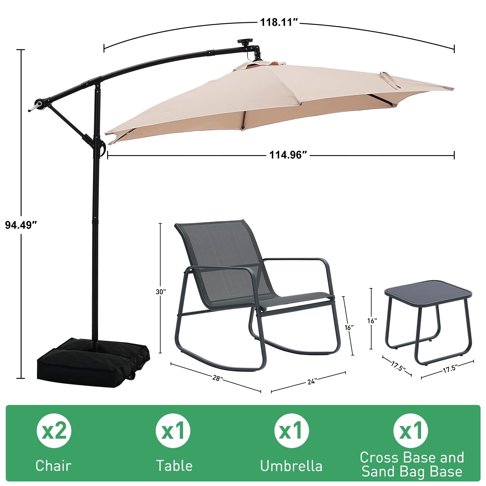 Autlaycil 5 Pcs Patio Outdoor Furniture Sets Contains 2 Textilene Fabric Rocking Bistro Chairs, Table, 10' Solar Cantilever Umbrella and Cross Base with Sandbag, Khaki
