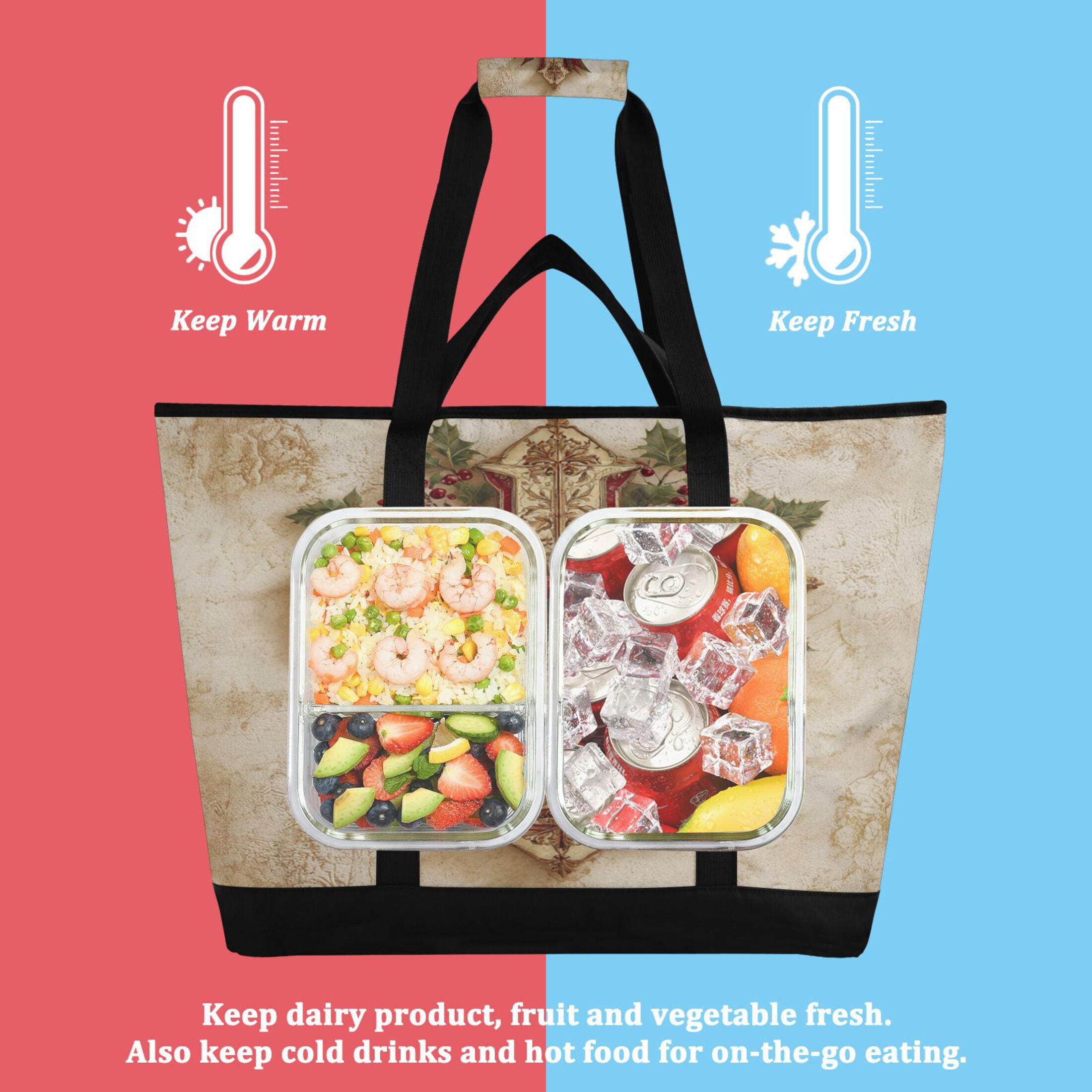 Large Hand-held Ice Pack Picnic Bag Insulation and Refrigeration Suitable for Shopping Picnics and Camping Lovely Christmas Cross