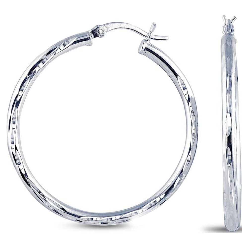LeCalla 925 Sterling Silver Diamond-Cut Hoop Earrings, 2.5MM Thick, Italian Small Click Top, 15MM