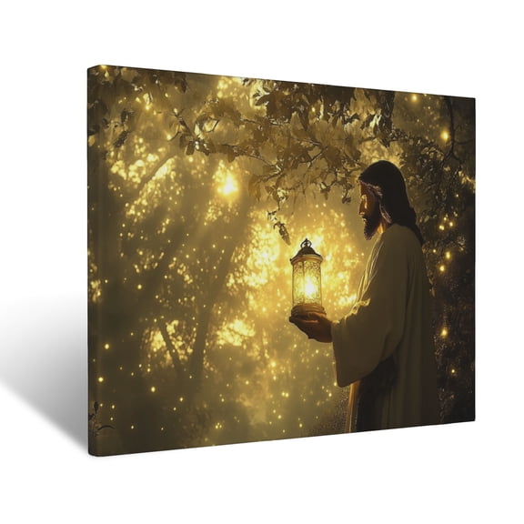 CozyNet Jesus Glowing In A Calm Forest, Holding A Lantern Under A Serene Sky Filled With Light Wall Art Prints With Frame Canvas Perfect for Living Room & Bedroom, Ready to Hang, Wall Decor 12"x16"