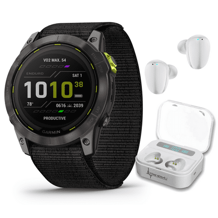 Garmin Enduro 2 Smartwatch, Carbon Gray DLC Titanium with Black Nylon Band, Long-Lasting GPS Battery Life, Solar Charging, Preloaded Maps with Wearable4U White EarBuds Bundle