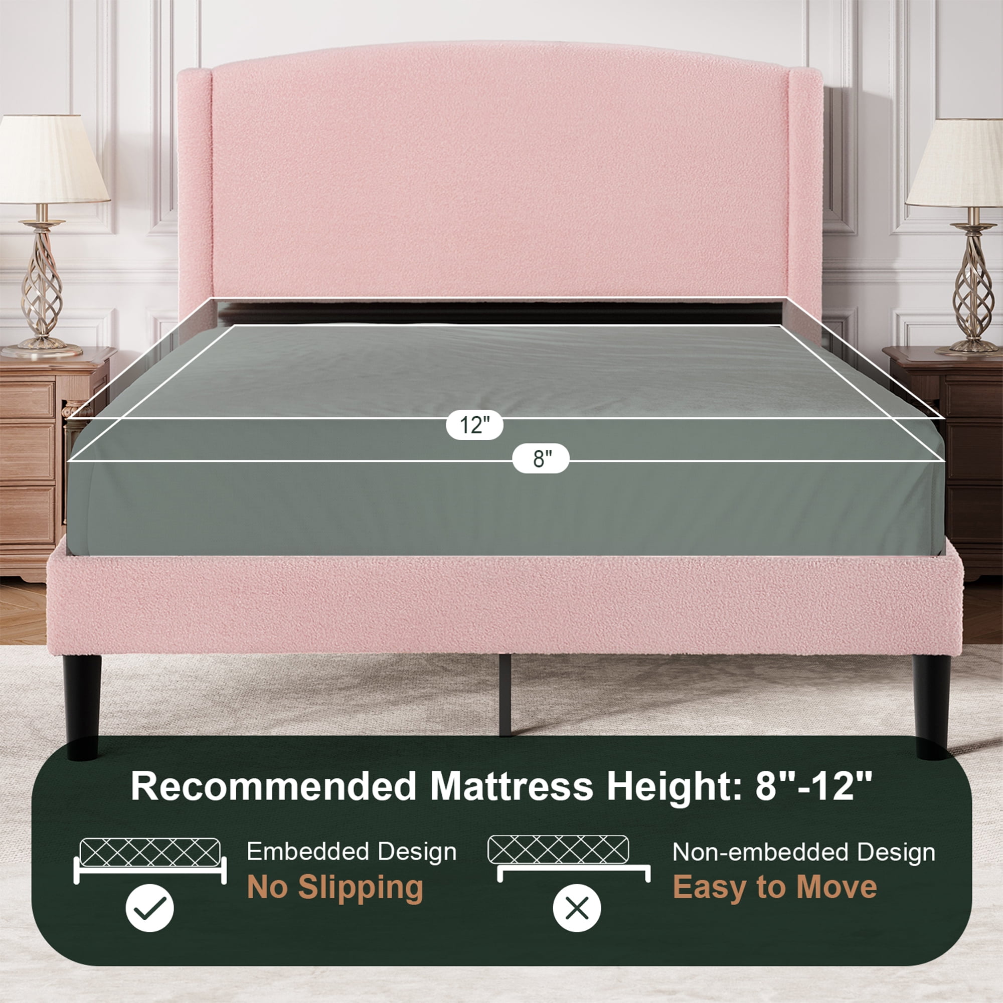 Amolife Full Bed Frame, Platform Upholstered Bed with Soft Teddy Fabric Curved Headboard, Pink