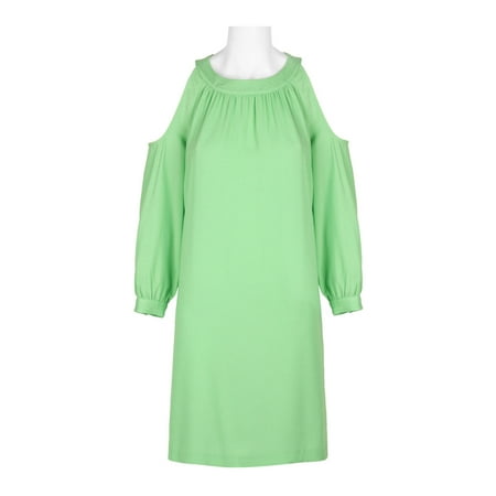 Nine West Banded Neck Cutout Shoulder Long Sleeve Keyhole Back Solid Crepe Dress-SPROUT / 14