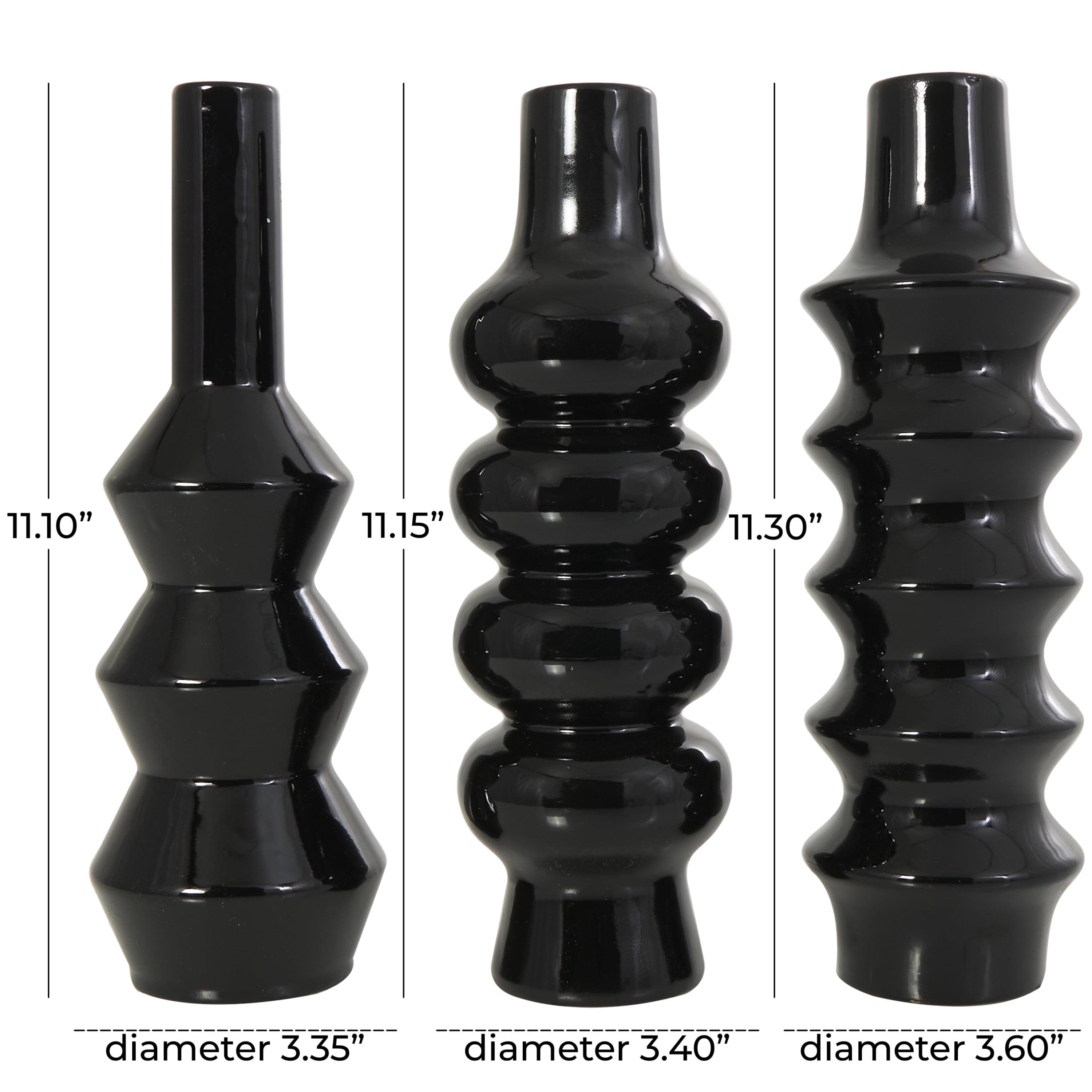 DecMode 3"W, 11"H Abstract Bubble Inspired Black Ceramic Vase with Varying Shapes, Set of 3