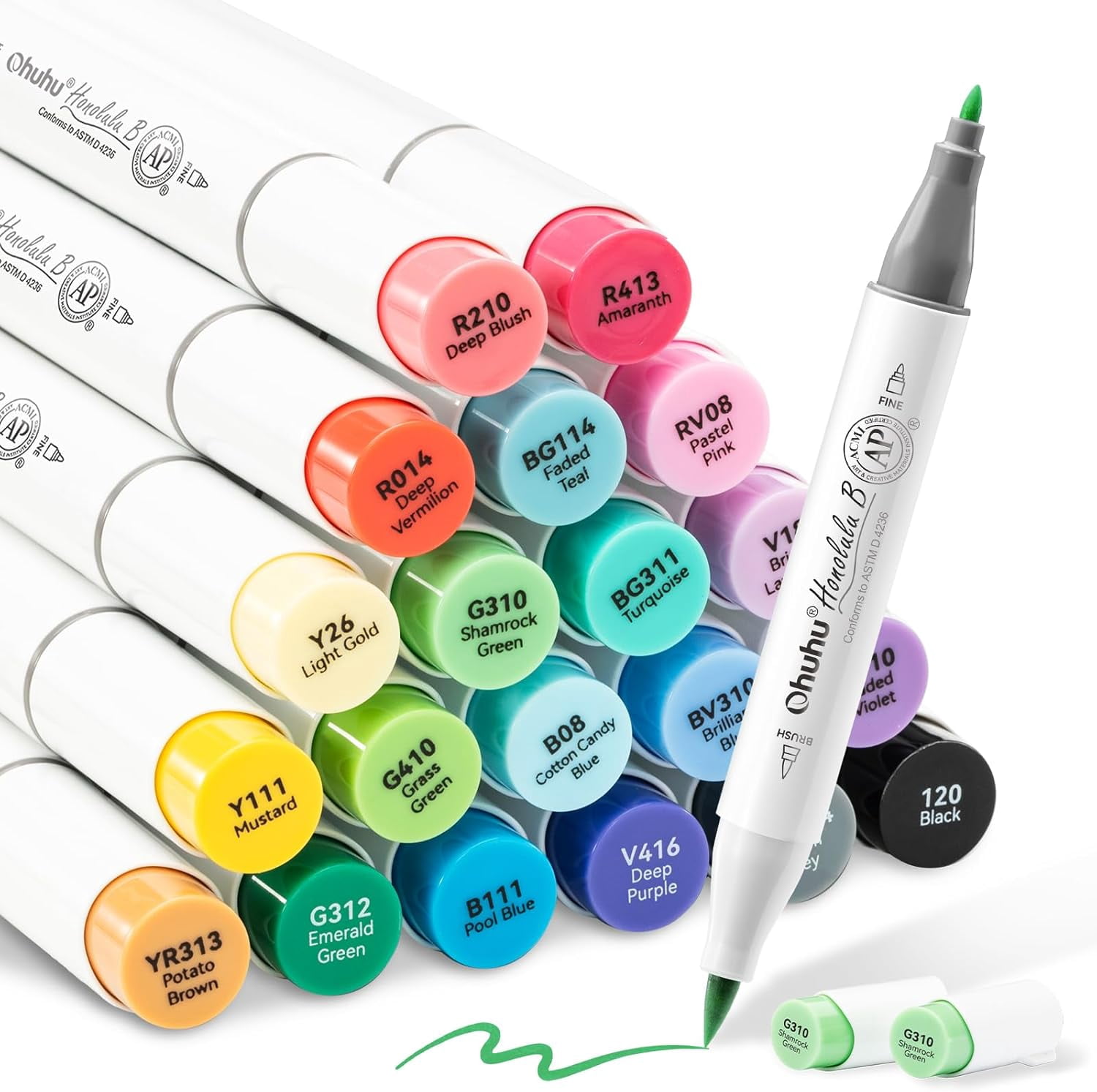HOTU Alcohol Markers Brush Tip Set - 60 Vibrant Colors, Dual Tips, Seamless Blending, Includes Colorless Blender & Anti-Bleeding Pad