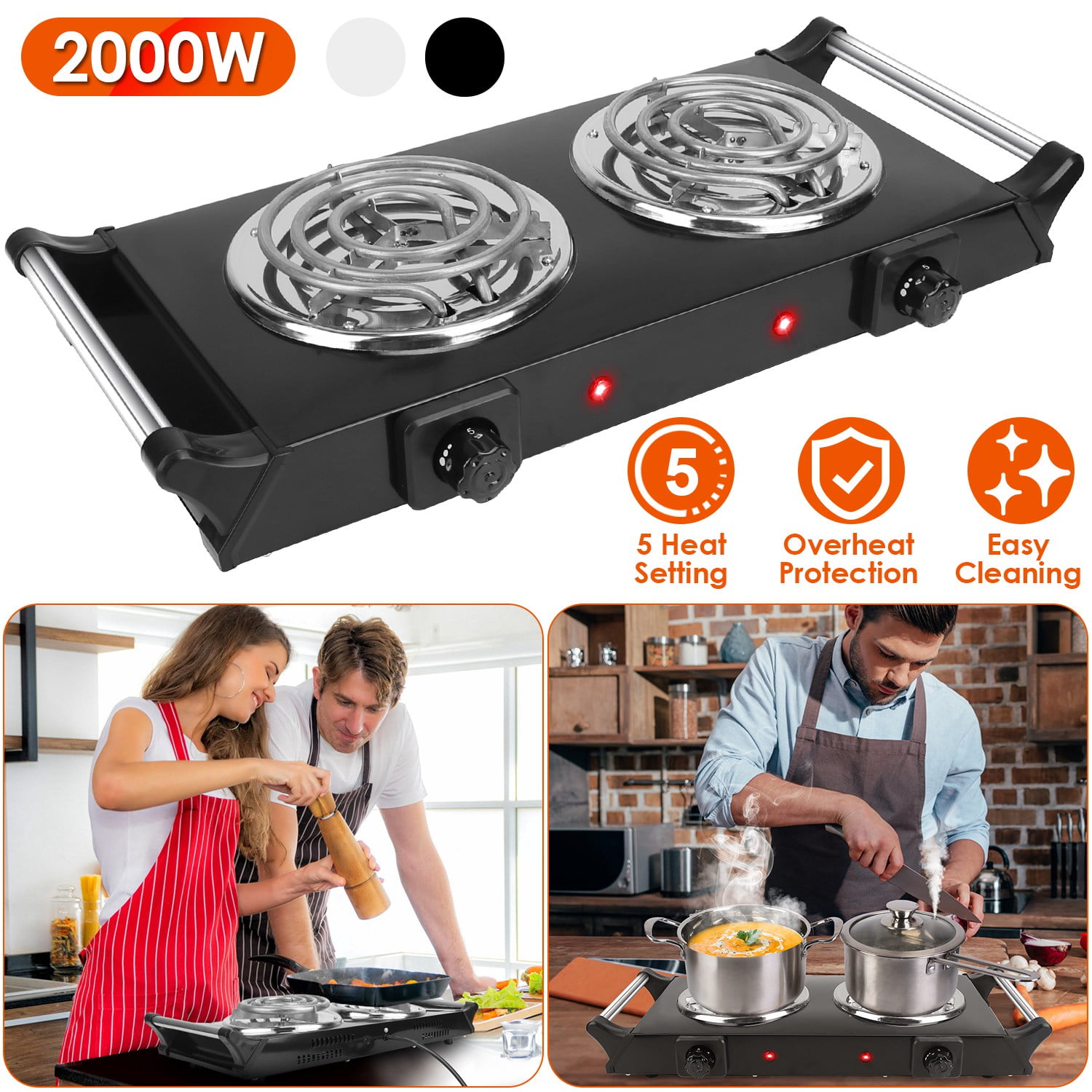 Moclever 2000W Electric Dual Burner Portable Electric Stove Coil Heating Hot Plate Stove Countertop RV Hotplate with 5 Temperature Adjustments Portable Handles, Black