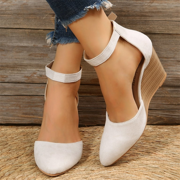 Aayomet Wedge Sandals for Women Ladies Fashion Closed Toe Solid Suede  Pointed Wedge Heel Thick Bottom Buckle Sandals,Beige 7.5 