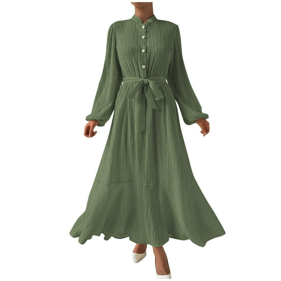 Efsteb 2025 Fall Fashion Women Dresses Long Sleeve Button Belted Flowy Ruffle Maxi Dress Ladies Casual Work Elegant Long Dress (Green,XL)