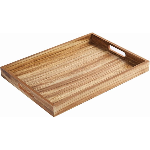 Wooden Serving Tray with Handles, Rustic Brown Rectangular Serving Platter 15.7x11.4 Inch for Coffee Table, Decorative Storage Tray