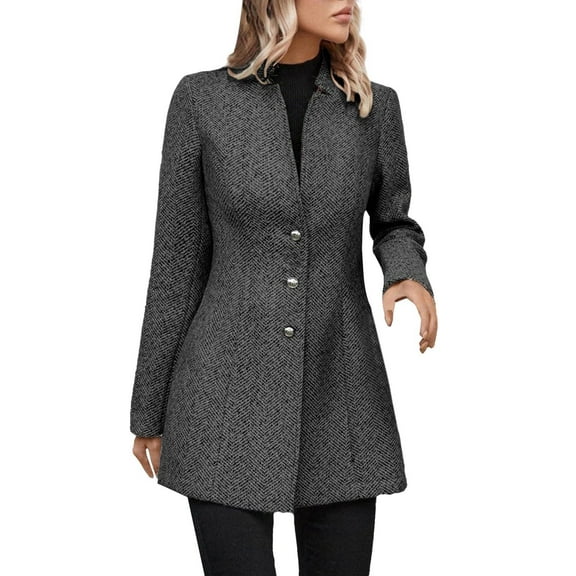 Clearance!FUNUONY Trench Coat Women's Business Casual Herringbone Wool Coat Button Up Notch Collar Jacket Long Cardigans Winter Coats Windbreaker Dark Gray L