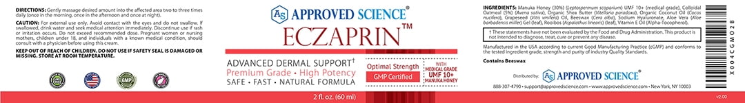 Approved Science Eczaprin Balm - 30% Manuka Honey (UMF 10+), 5% Colloidal Oatmeal - Gentle Formula for Dry, Itchy Skin - for All Skin Types - Paraben-Free, Non-GMO, Soy-Free, Wheat-Free - 2 fl. Oz.