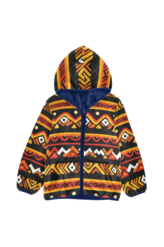 BZSMCE Double-Sided Sherpa Fleece Hooded Zipper Jacket African Abstract Geometry Pattern Pattern Batik Dye Method Print Warm Outerwear