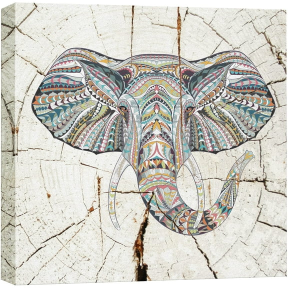 wall26 Canvas Print Wall Art Wood Ring Effect Tribal Pattern Elephant Animals Wildlife Wood Panels Modern Art Farmhouse/Country Expressive Multicolor Warm for Living Room, Bedroom, Office - 24"x