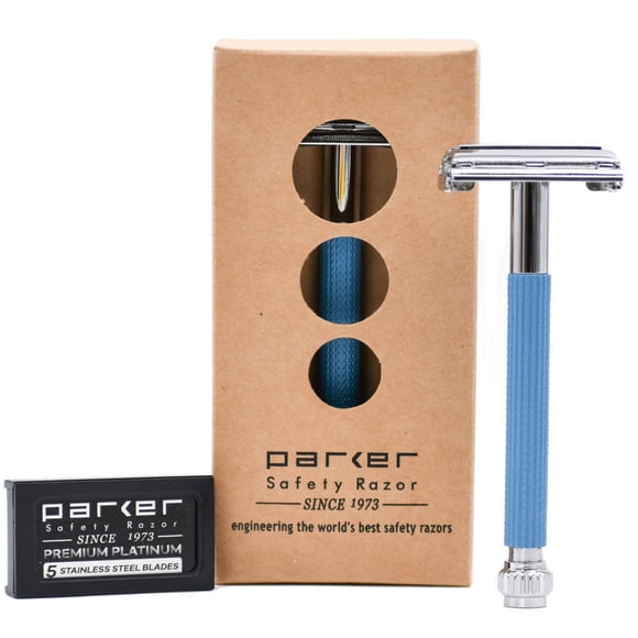 Parker 29L Blue Handle Safety Razor and 5 Parker Premium Double Edge Blades - Great for both Men & Women
