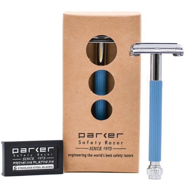 Parker 29L Blue Handle Safety Razor and 5 Parker Premium Double Edge Blades - Great for both Men & Women