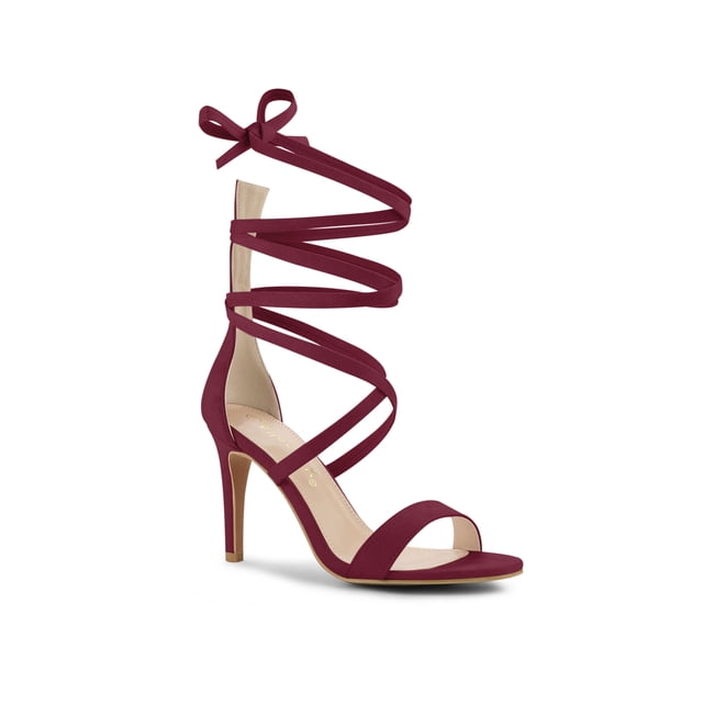BLISSFUL STEP Women's Open Toe Stiletto Heeled Lace up Solid Sandals Burgundy 10
