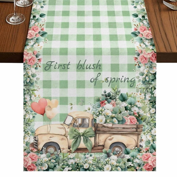 Table Runners 108 Inches Long Dress Scarves, Eucalyptus Trucks Farmhouse Coffee/Dining/Kitchen Table Runner for Living Room, Spring Farmhouse Floral Sage Green Plaid 13x108 Inch