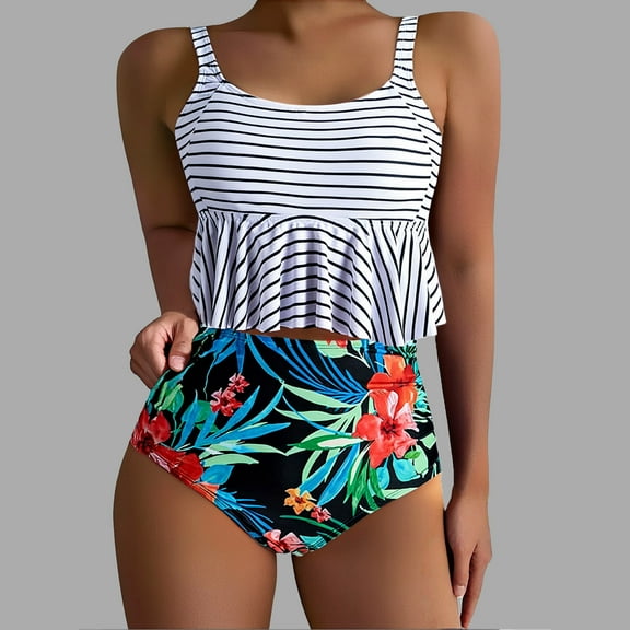 HaoXianJian Women High Waisted Bikini Swimsuit 2025 Flounce Tops Vintage Bottom Two Piece Tankinis Bathing Suits Ruffled Strap Crop Tank Tops with Triangles Swimwear S-3X