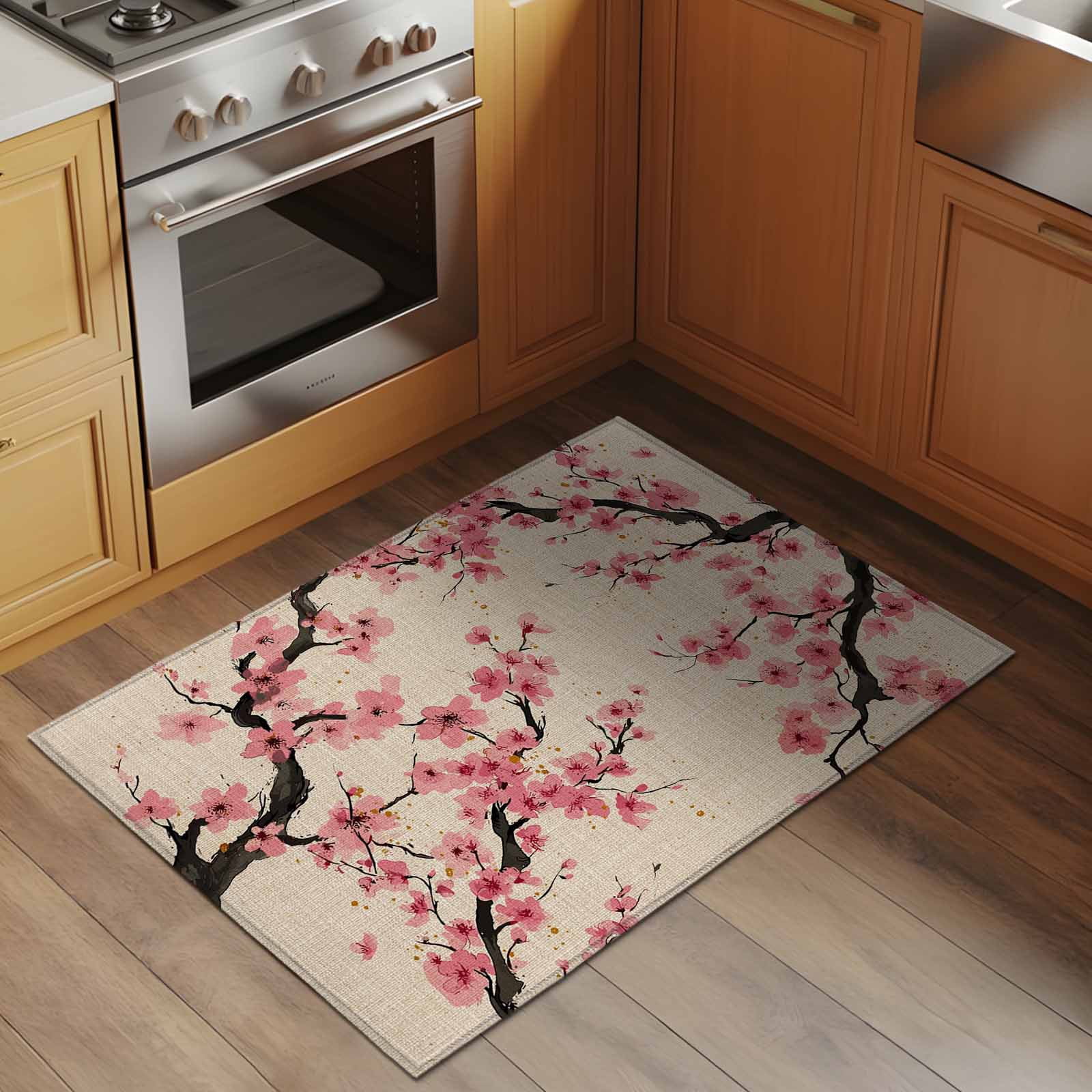Entryway Rug 2'x3', Spring Flowers Small Rug for Kitchen Bathroom Door Mat Indoor Entrance, Country Pink Peach Blossoms Botanical Floral Non-Slip Area Rugs Floor Mats Carpet Front Door Rugs