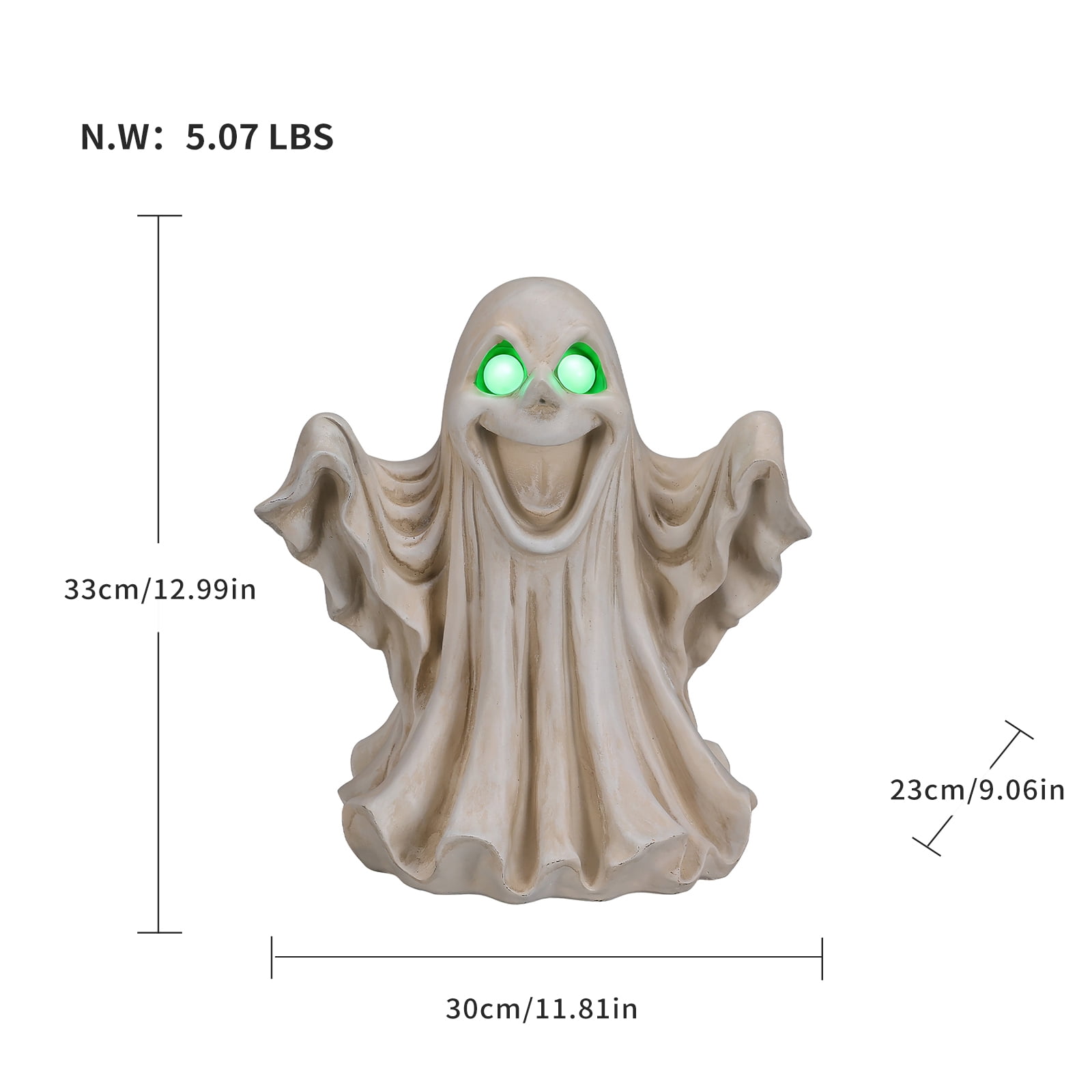 Halloween Ghost Figurine with LED Light Up Glowing Eyes, Spooky Resin Statue and Tabletop Decor for Haunted House Party, White