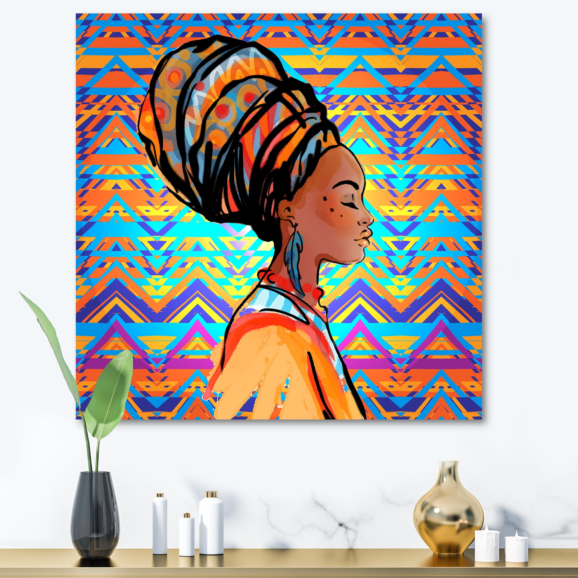 Designart ' African American Woman Portrait with Turban IV ' Modern Canvas Wall Art Print